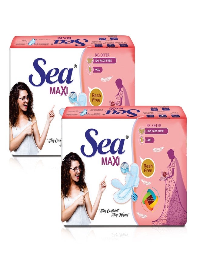 Sea Maxi Cotton Sanitary Pads for Women | Up to 100% Leakage Protection, Locks Odour & Wetness | Ultra Hygiene, Rash Free Cotton Soft | Pack of 30 (30 pcs Maxi XXL) - Image 1